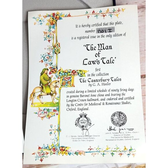 Longton Crown Pottery “The Man of Laws Tale” Collectors Plate – Genuine Baronet - Picture 7 of 13